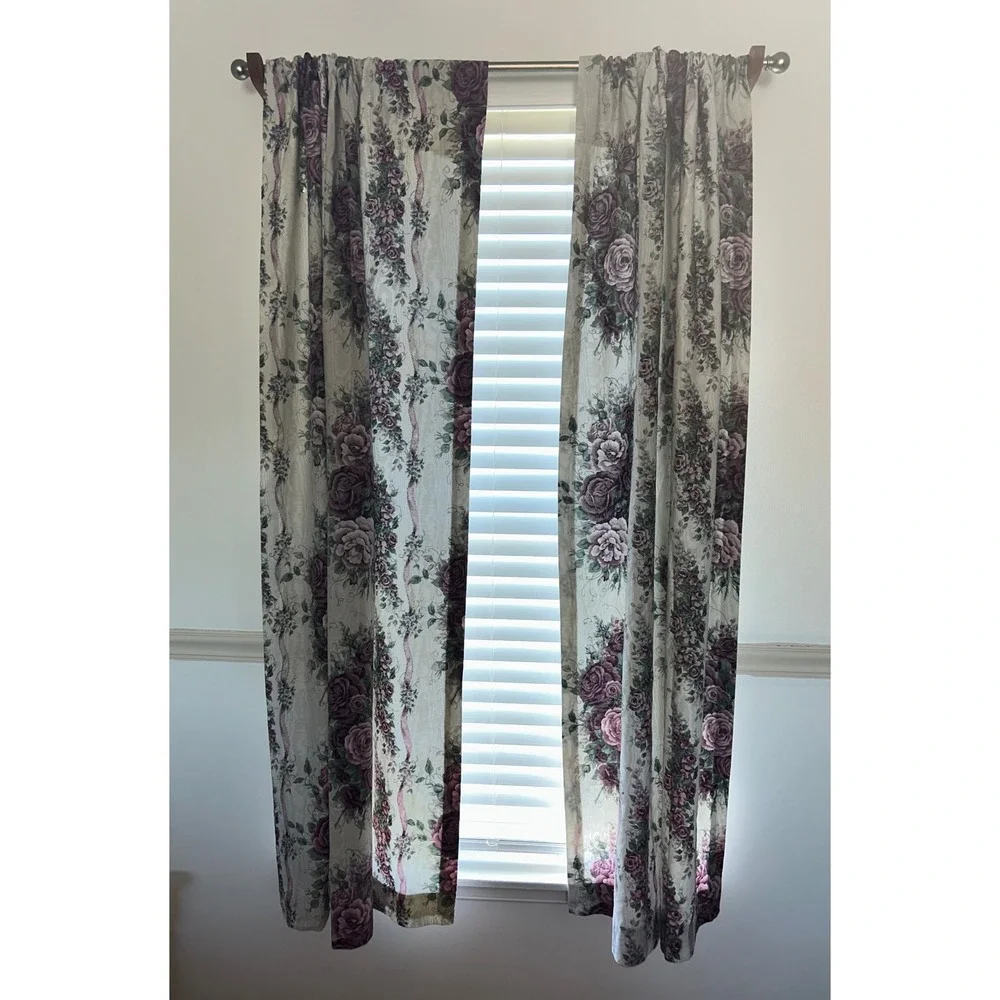 JCPenney Floral Pole Pocket Draperies Purple Rose Lined Curtains Set of 2 Panels